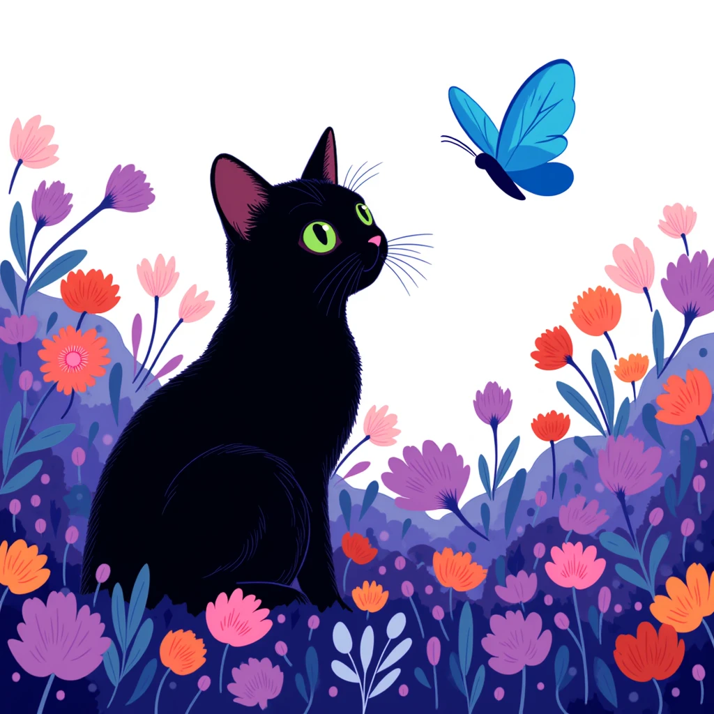 The image is a digital illustration of a black cat sitting in a field of purple flowers. The cat is facing to the right, with its body facing towards the left side of the image. The background is filled with a variety of colorful flowers and plants, with various shades of blue, pink, orange, and green. The flowers are scattered throughout the image, creating a vibrant and awe-inspiring scene.

The cat's face is turned to the side, with big green eyes, and it appears to be looking up towards the sky. A blue butterfly is flying in the top right corner of the illustration, its wings spread wide as it soars through the air. The illustration has a dreamy and ethereal quality, with a soft, dreamy quality, and the colors are vibrant and captivating. The image has a dark and mysterious feel to it, with the cat and the butterfly standing out against the vibrant colors of the flowers.