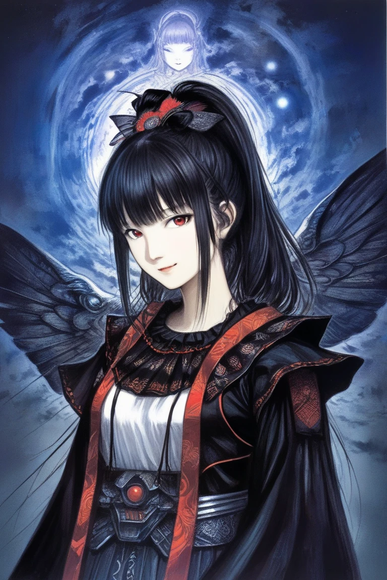 by Yoshitaka Amano, (Broad lighting),  Low Key Lighting, Picturesque, fantasy(  fantasy art , (Yoshitaka Amano)), (Female Android, suzuka nakamoto xl,  dark ponytail hair, smile,  red eyeshadow), (Black Shrine Maiden Clothes, black metallic accent , Wings of Light), night, Blue Star,  Masterpiece