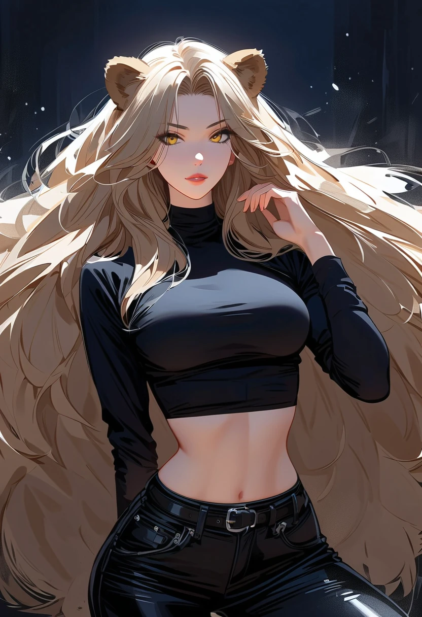 (uma mulher, cabelos pretos longos, olhos vermelhos, Serious expression, seios grandes, roupas casuais, Casaco Preto, black pant), alta qualidade, ultra-detalhado, Realistic, estilo fantasia sombria, cores vibrantes, soft lighting