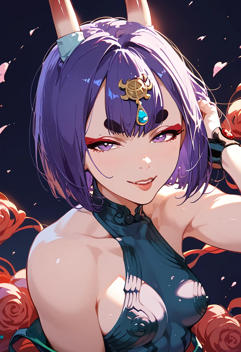 Shuten Doji, purple hair, bob cut,Round eyebrows, red eyeliner