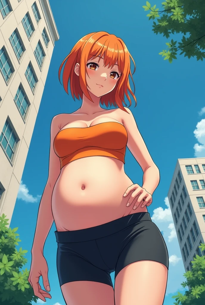 score_9,score_8_up, score_7_up,source_anime.superior,from below,face below view,straight-on. (Insect's Eye).,mediumshot, masterpiece,bestquality, Highest quality, (mature) ,(One girl), Outdoor, Green Eyes, Orange Hair, Side Ponytail, Yellow Shirt, Sleeveless shirt,belly button, Denim shorts, suspenders, Captivating look, Seductive expressions, slender, delicate curves, ,(under_boob),(superfineillustration,finely detail),(absurdres),(shirtlift),shirt pul,(mid),