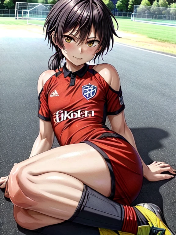 (((   Details鮮明でクリアな画質:1.2)))   High Quality   ,   Details, (Small Man),,(((Alone)))、   young ace striker male idol with a super cute face  , Beautiful Boy　 graphics ,   Nice Handsome Face and Smile   , Soccer cleats  ,   long legs   , Thighs, feet , No bulge   , (  black hair、  hair tied at the back 、  long hair、  One Eye Is Hidden by Hair  :1.2)、   shiny hair, (  tight,  Shiny Random Colored Soccer Jersey), (  tightで光沢のあるサッカーショーツ  ), (   soccer socks   ), Lawn area ,   cool pose, (厚いThighs、   Seduces Your Big Butt to Your Groin   )、(((   soccer field in the park   )))、((Cheeky、))、   smirking   、 Put, 超 Detailsな絵画, (最   High Quality   , In 4K, 8k,    high definition   ,   debris flies:1.2),   service shot   、((   Detailsな目:1.2))、 、 Big Butt with One Shoulder out   、 Proud Ass  、