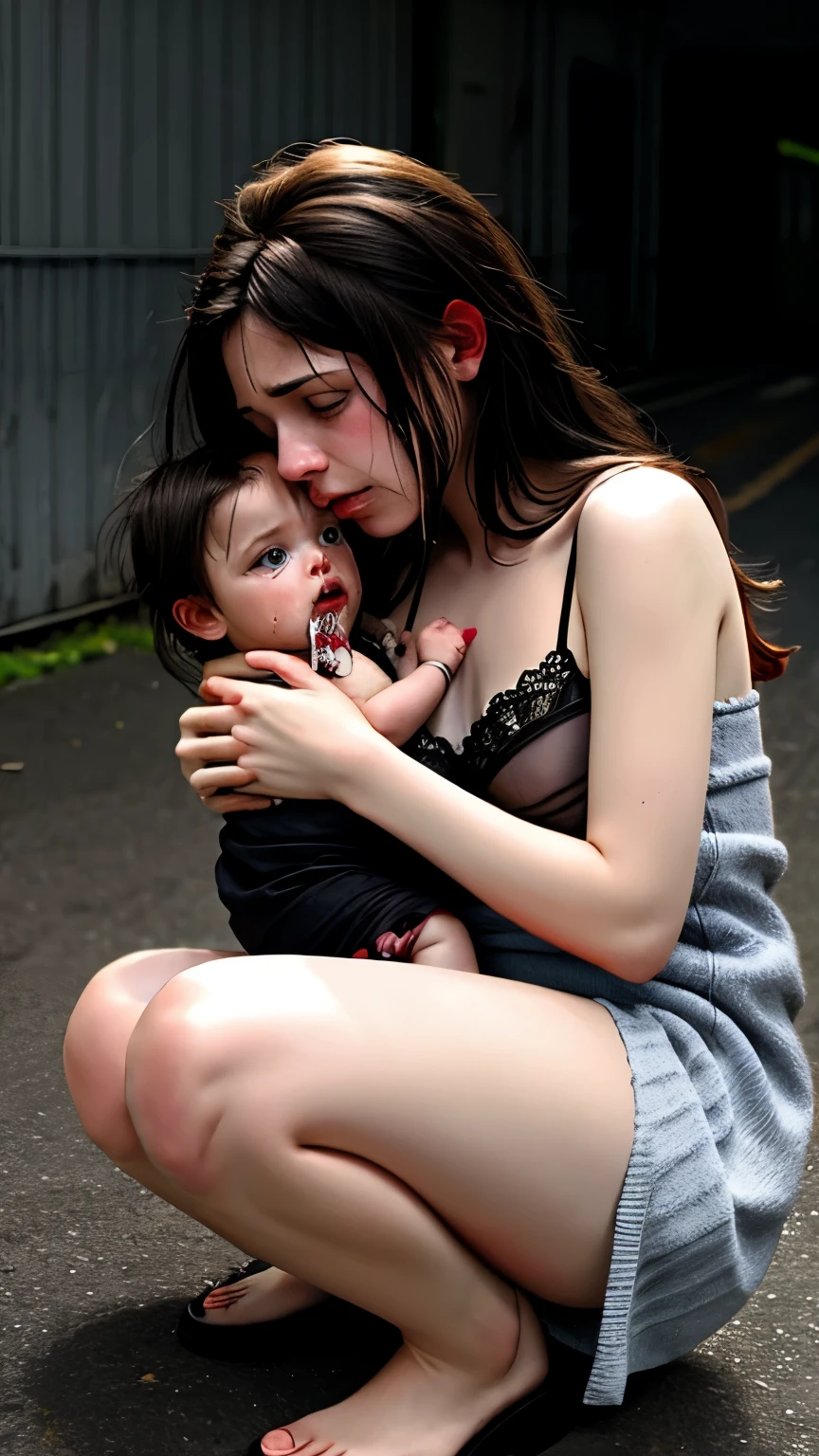 brutal, rough sex, pov, sad, crying, tears, public indecency, lingerie, bruised eye, blood, (teenage mother holding very sad baby girl, presenting), eye contact, partially open clothes, thighs, post-apocalypse, cum, facial, after rape,
