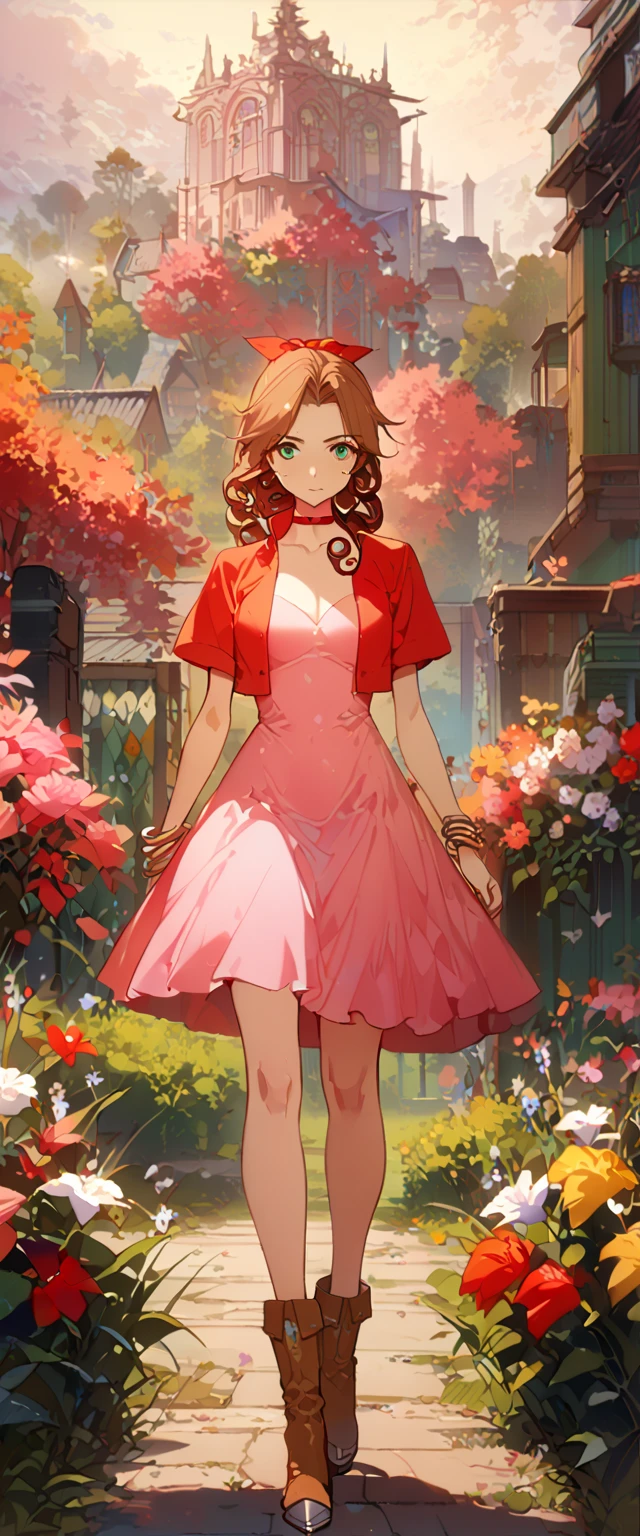 ((masterpiece), (best quality), (8k), (4k)), ((girl)), ((Final Fantasy VII), (Aerith Gainsborough)), ((brown hair), (high middle bang), (longer side curly bang), (long tight curly ponytail like braid)), ((green eyes), (red hair ribbon), (red bolero jacket), (short sleeve jacket), (cropped jacket), (black tie choker)), ((long pink straight dress), (brown boots), (bangles)), walking in a garden, flowers, detailed background, inspired by Asukaziye artist : ask, art style : ask