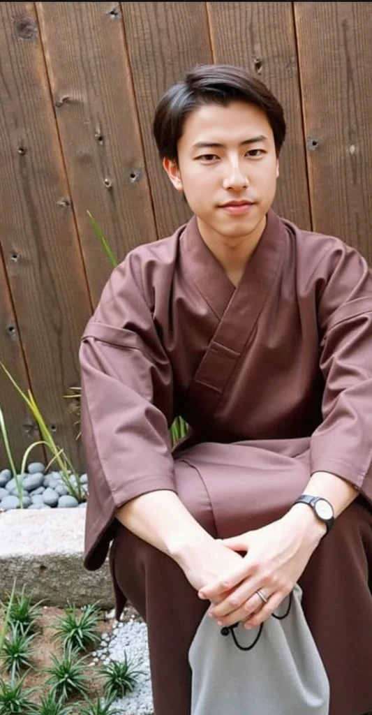 Little monk, bald-headed, sitting upright, holding a wooden fish in his hand