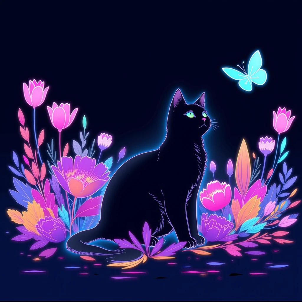 A digital illustration of a black cat sitting in a field of inverted-color purple flowers. The cat is facing to the right, its body turned towards the left, with its face slightly tilted upward and big green eyes gazing at the sky. The background features a variety of colorful flowers and plants, their colors inverted and glowing with luminous outlines and radiant shine. Shades of inverted blue, pink, orange, and green create a surreal and magical atmosphere. A glowing blue butterfly with inverted-color wings and a radiant shine is flying in the top right corner of the illustration. The overall scene is ethereal, with glowing flowers, plants, and the butterfly emanating a soft and captivating light. The dreamy, mysterious tone is enhanced by the contrast between the glowing elements and the dark surroundings.