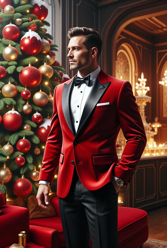 a man wearing a red tuxedo, standing beside a Christmas tree 