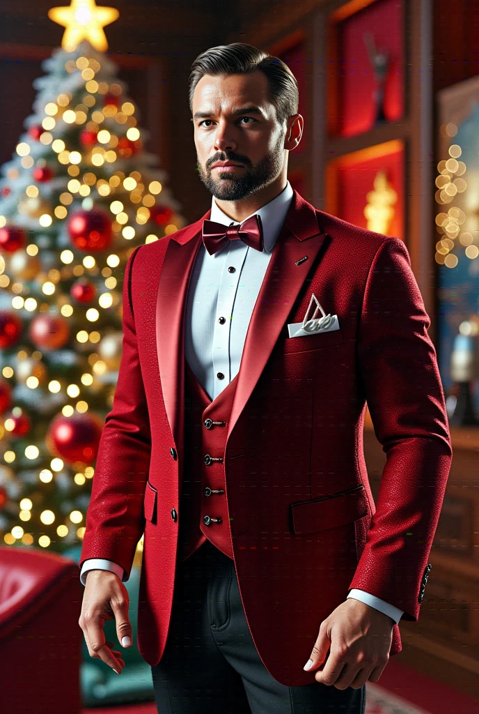 a man wearing a red tuxedo, standing beside a Christmas tree 