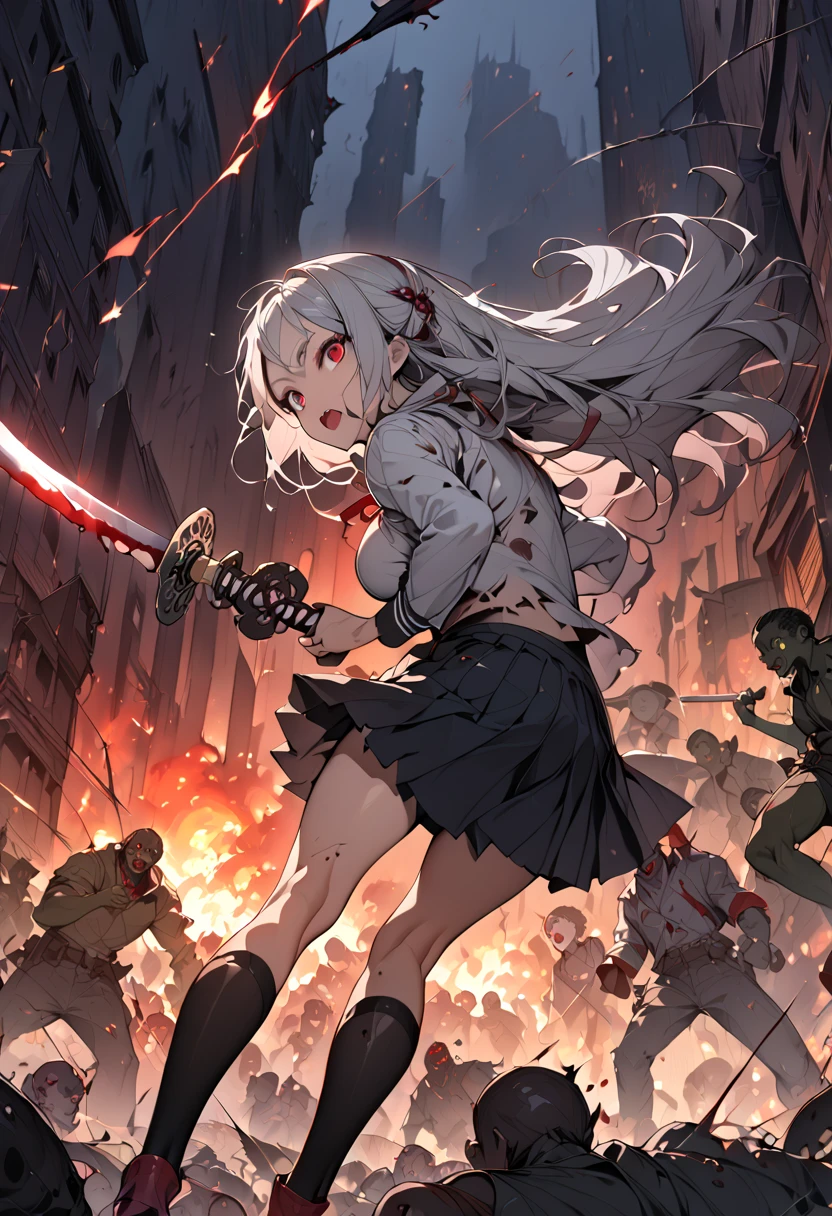  (best quality),(very aesthetic),(ultra-detailed),(best illustration),( highres icon), (beautiful),(masterpiece),(extremely detailed face), A high school girl fighting against a group of zombies in ruins,1girl,Alone,red eyes,silver hair,long hair,big breast,shout,school uniform,miniskirt,black thigh-high socks, ankle boots,(torn clothes:1.5, torn clothes),Holding a katana-sword in hand,mid night, big red moon floating in the night sky, Anatomically Correct , zombies attacking the girl,Multiple Zombies,Abandoned City, Burning City ,sparks are scattered ,A battle taking place in a ruined city, with skyscrapers collapsing,