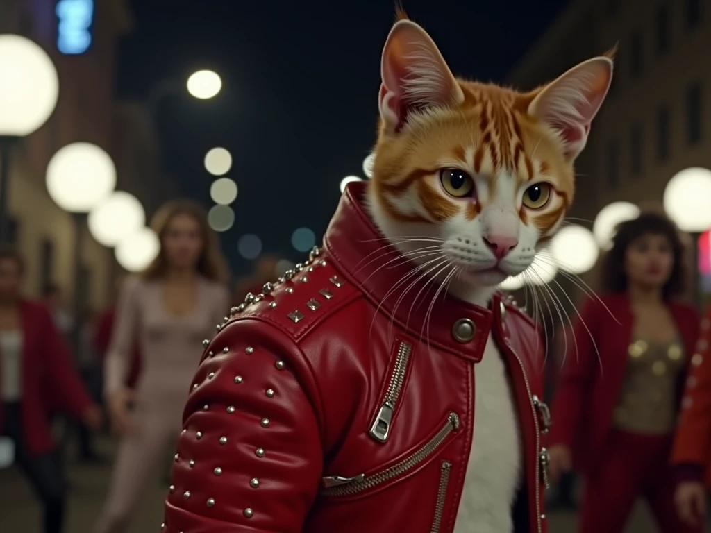 (((Michael Jackson ・Thriller　 the １scene)))、(((All the cast are cats )))、( performing on the street at night ）、（ the cat cast wears costumes and performs in a musical style）、（ main cast in the promotional video is equipped with a red leather jacket with studs ）、