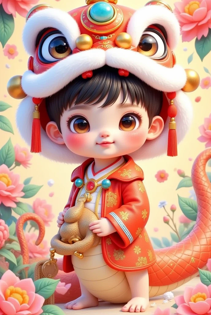 Beautiful boy wearing a Chinese lion hat on his head，A snake tail in the back，