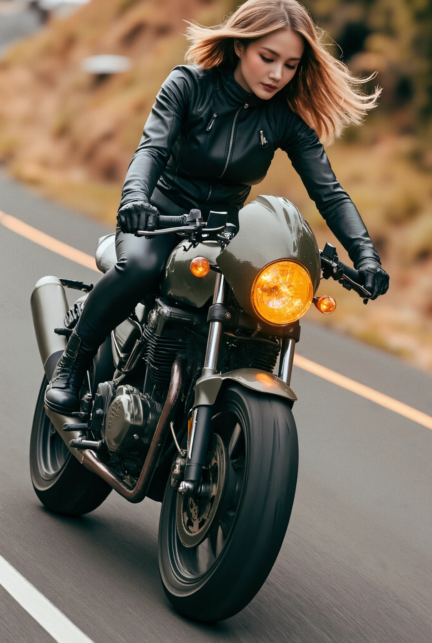 One beautiful woman riding a motorcycle tuned to Cafe Racer 、 yellow headlight、 rocket cowl 、Overall view of the motorcycle、glowing exhaust pipe、Movement illustration, Ultra Wide Angle, 