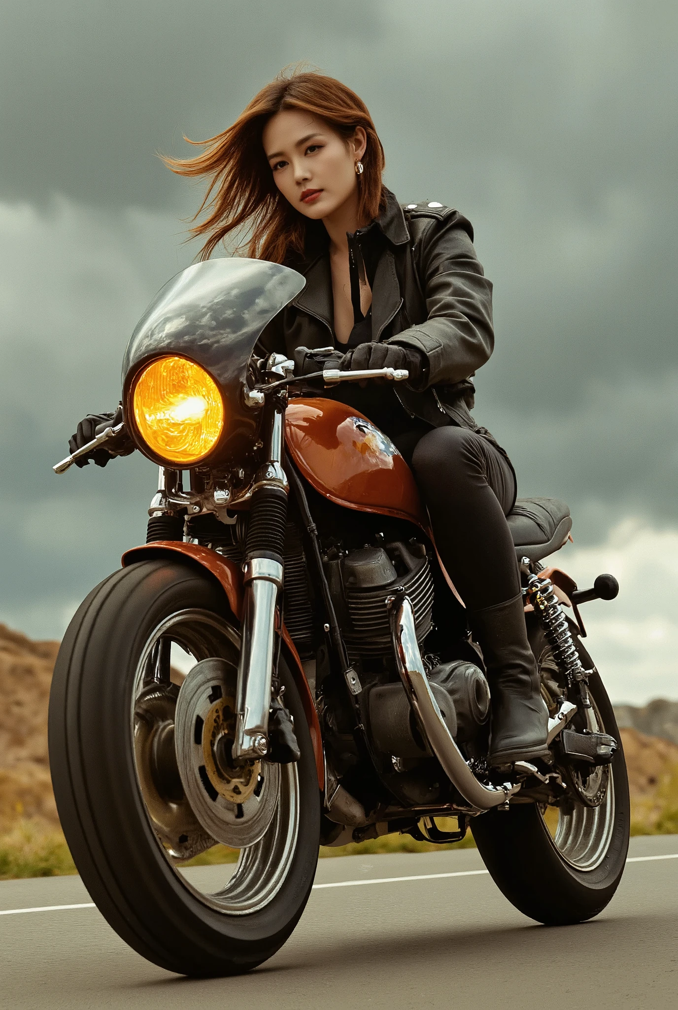 One beautiful woman riding a motorcycle tuned to Cafe Racer 、 yellow headlight、 rocket cowl 、Overall view of the motorcycle、glowing exhaust pipe、Movement illustration, Ultra Wide Angle, 