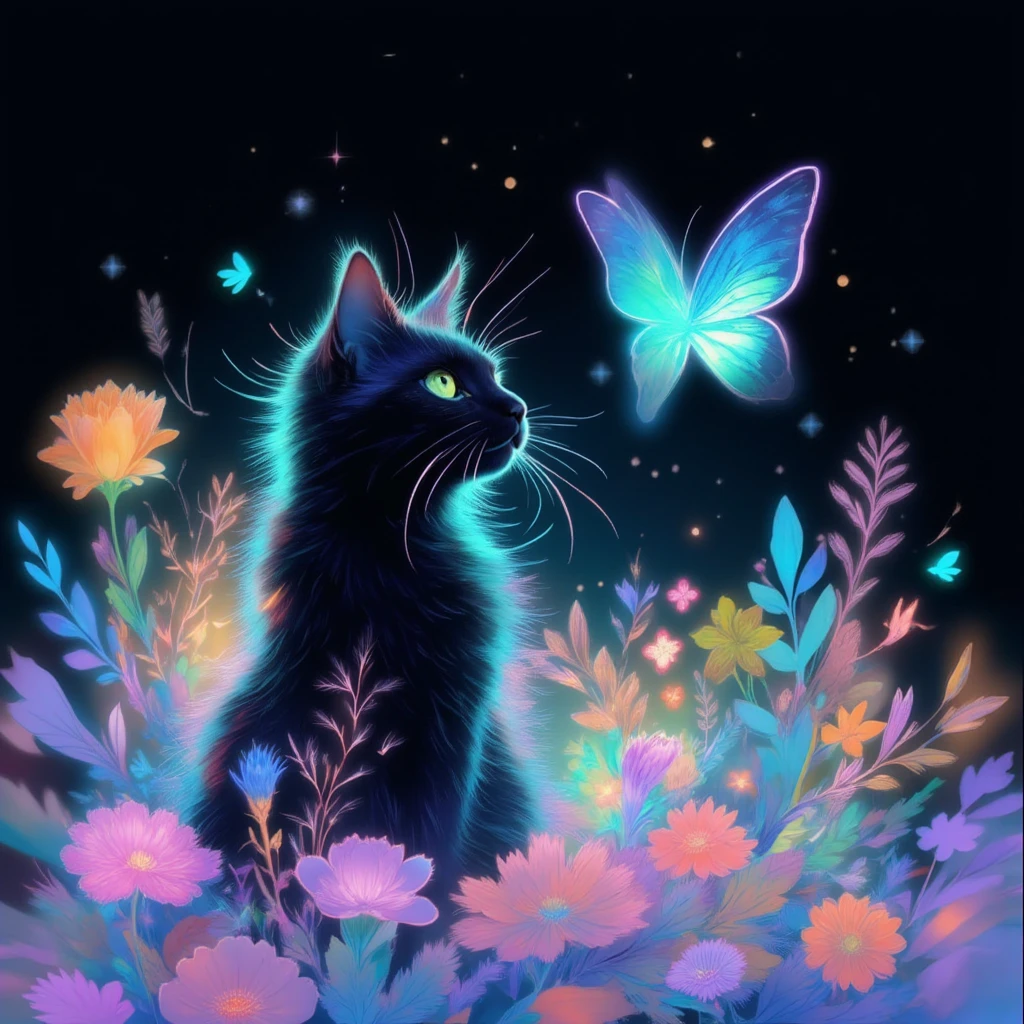 A digital illustration of a black cat sitting in a field of inverted-color purple flowers. The cat is facing to the right, its body turned towards the left, with its face slightly tilted upward and big green eyes gazing at the sky. The background features a variety of colorful flowers and plants, their colors inverted and glowing with luminous outlines and radiant shine. Shades of inverted blue, pink, orange, and green create a surreal and magical atmosphere. A glowing blue butterfly with inverted-color wings and a radiant shine is flying in the top right corner of the illustration. The overall scene is ethereal, with glowing flowers, plants, and the butterfly emanating a soft and captivating light. The dreamy, mysterious tone is enhanced by the contrast between the glowing elements and the dark surroundings.