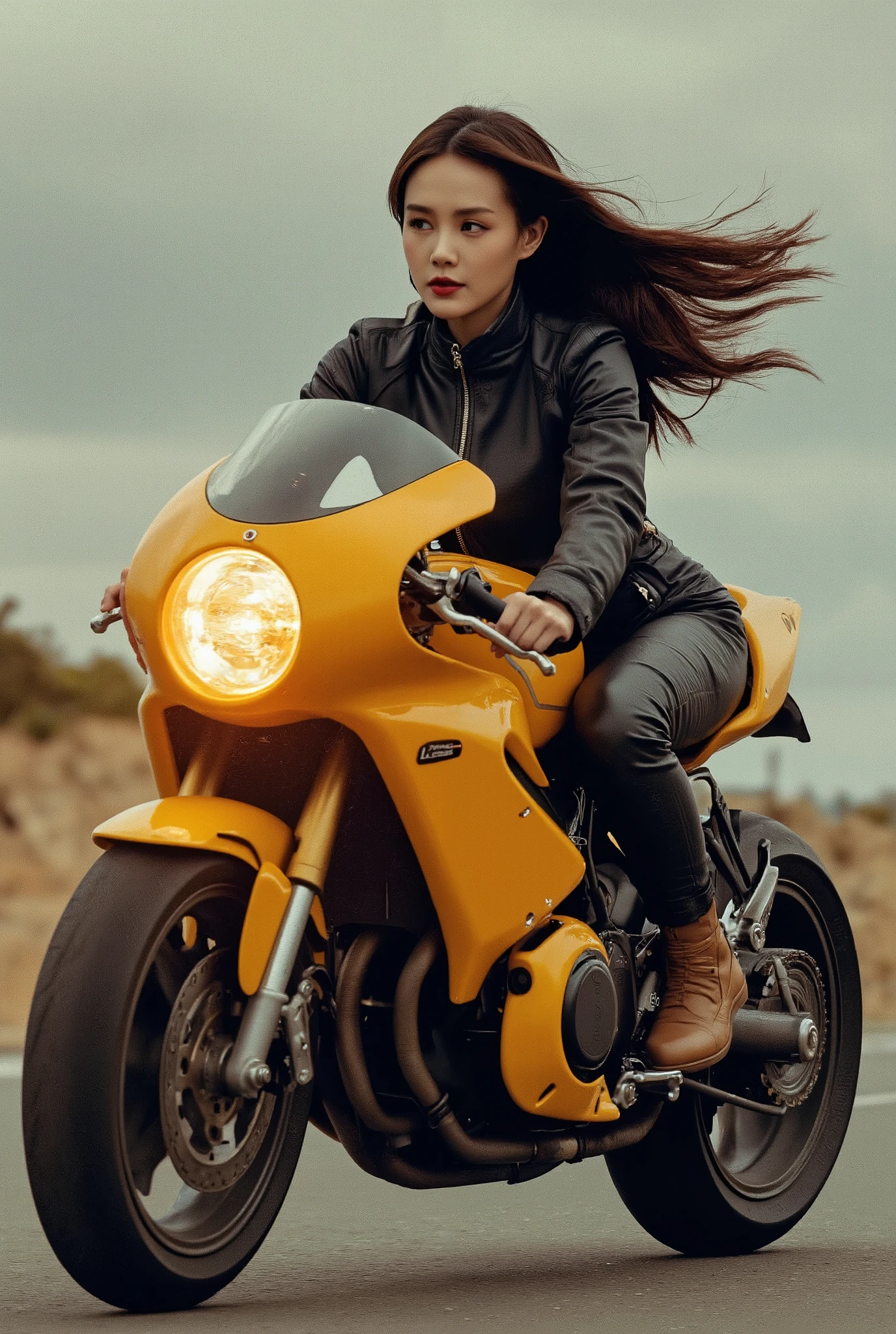 One beautiful woman riding a motorcycle tuned to Cafe Racer 、 yellow headlight、 rocket cowl 、Overall view of the motorcycle、glowing exhaust pipe、Movement illustration, Ultra Wide Angle, 