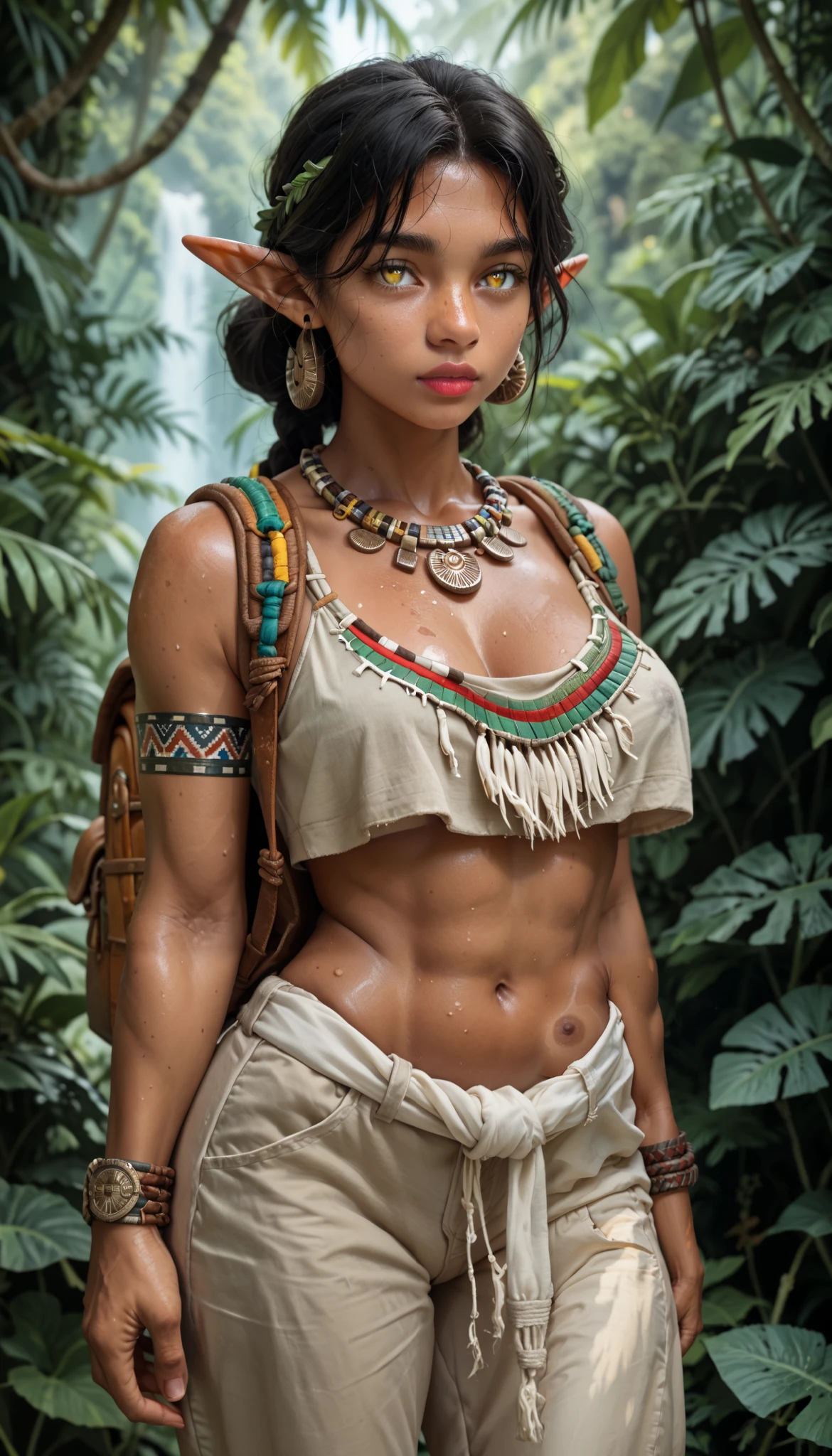 (zPDXL2), (PonyXLV6_Scores), rating_explicit, Expressiveh, full body shot, BREAK
lhata4564, d3t41l3d,
1girl, elf ears, yellow eyes, dark lipstick, black hair, (tanned skin), athletic, wide hips, big boobs, aztec style outfit, long pants, merchant backpack, travelling merchant, jungle outdoors