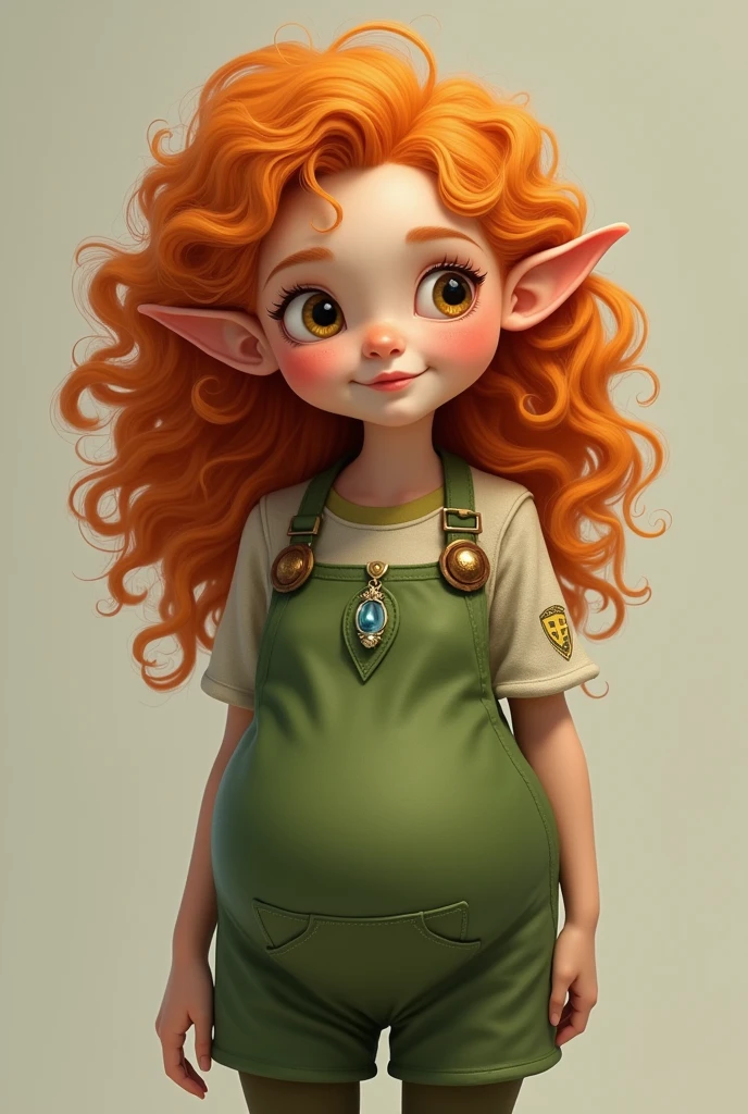 (((beautiful, high quality))), portrait, score_9, score_8_up, score_7_up, Gnome, short stature, big round ears, 1girl, red hair, freckles, green eyes, light green T-shirt, brown apron, fantasy background, blurred background