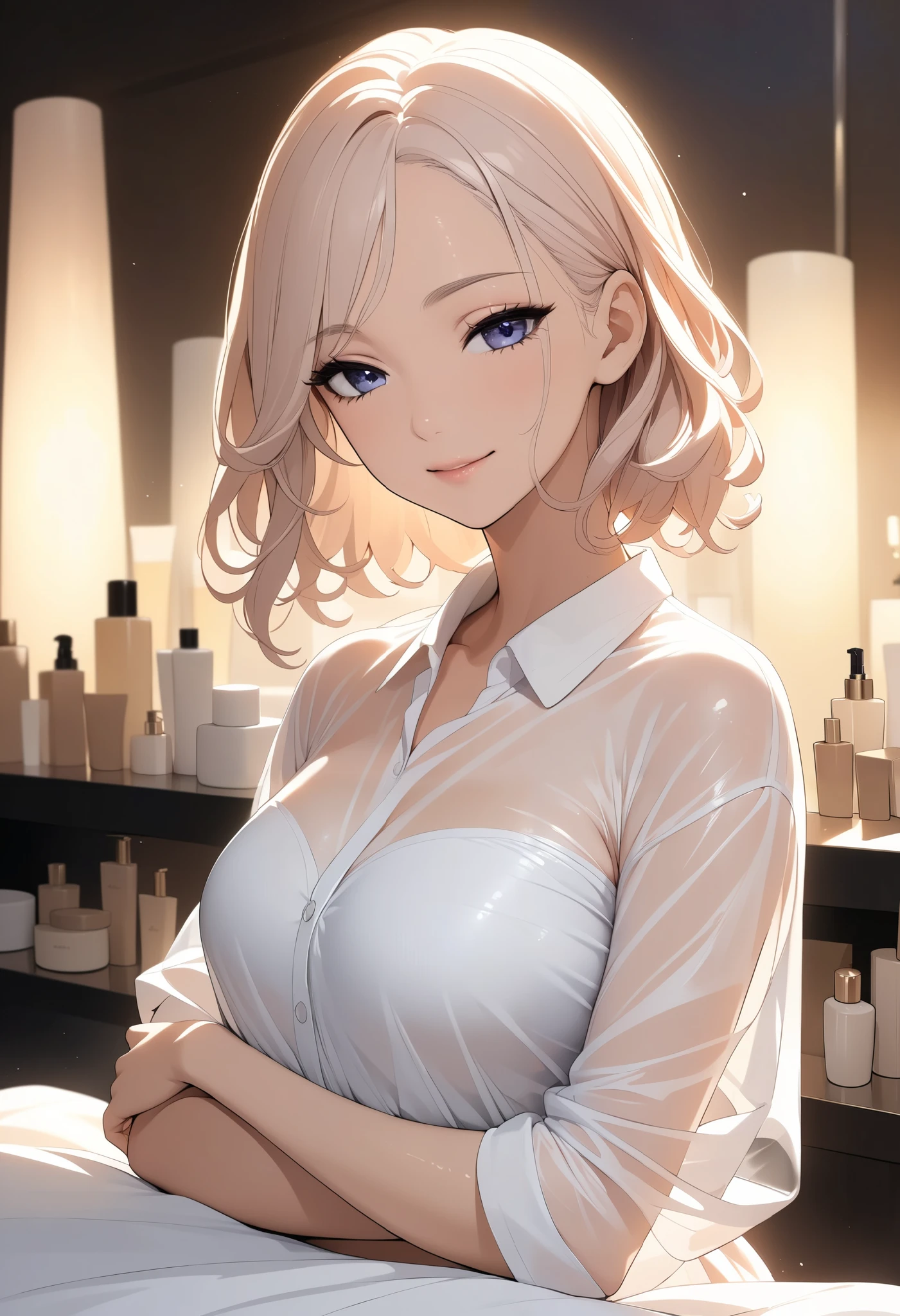 A beautiful and erotic woman wearing a white shirt made of see-through material, female esthetician , Face and eyes crafted down to the smallest detail , long eyelashes, beautiful lips, perfect skin, elegant poses, gentle smile, Details made down to the smallest detail , Oil for beauty salons, towel, beautiful lighting arranged in an orderly manner, CG illustration, Chibi cute, 8k, high definition, masterpiece, Cinematic Lights, soft focus , Natural Skin Tone, delicate face, gentle expression