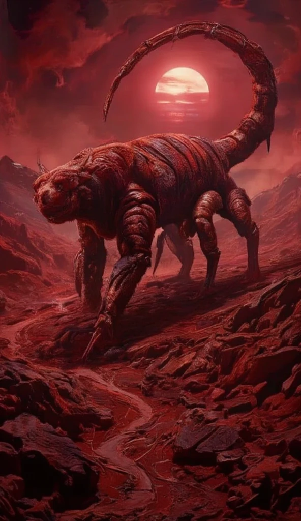 Horror scene, outlast, silent hill atmosphere. A monstrous bear-scorpion hybrid stands amid the rocky desert under the same blood-red sunset. Its massive body is covered in thick fur with patches of armored scorpion exoskeleton. It has scorpion-like legs with sharp claws jutting out from its sides, and a segmented tail ending in a venomous stinger arches over its back. Dust swirls around it as it looms over the rocky terrain, blending both creatures' fearsome presence, (Ultra-realistic, 32k, Masterpiece, High Quality, Detailed Realistic Background, Official Art, Realistic Lighting, filmfotos, film grain, reversal film photography), Mysterious