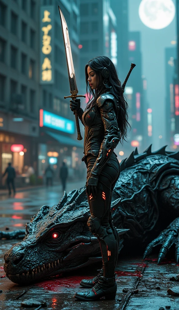 A scene featuring a sleek cyberpunk female warrior in ornate, shimmering armor, standing while holding a large sword planted deeply in the center of the dragon's head. The dragon has glossy dark scales, eyes nearly closed, blood dripping from its mouth, and intricate details on its lifeless, sprawled body. The background reveals a ruined cityscape illuminated by moonlight. With dramatic lighting and an epic, powerful atmosphere, the overall composition exudes grandeur and awe, enhanced by its cinematic quality.


