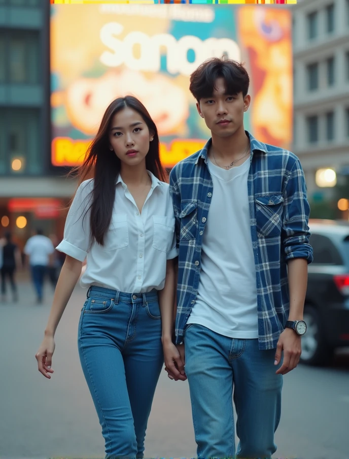 A charming and candid photo of a young Korean man walking through a bustling city. He is dressed in a modern outfit: blue jeans with a black belt, a crisp white smart shirt, and black sneakers. The man, with a slim build, short black hair, confidently carries a bouquet of flowers. The vibrant energy of the city surrounds you, with passersby and vehicles contributing to the lively atmosphere. The man has a band-aid on his nose. a young woman grabs his arm and walks with him, the woman has brown hair, she wears white clothes, blue jeans and black boots