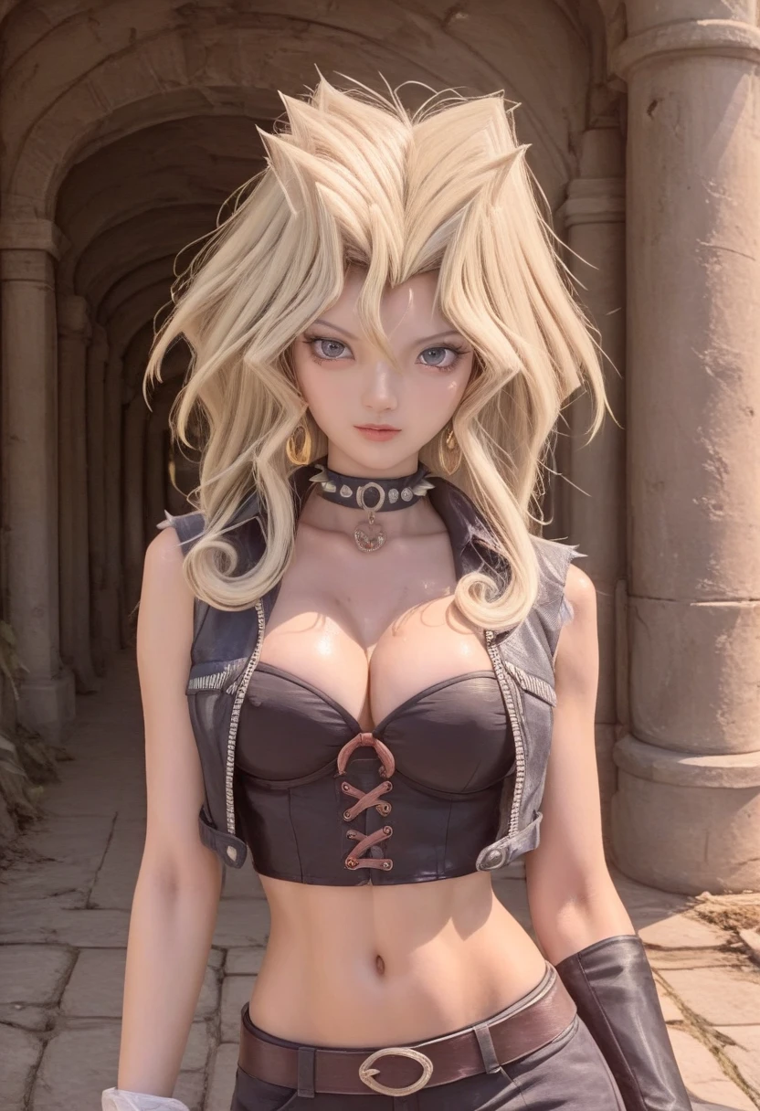 （Peacock Dance） 、Japanese cosplayer female 、  High Quality  、  high image quality、masterpiece、Blonde、（  breasts protruding big from clothes、 Accented chest  ）、Ruins、  sexy pose to hide over there、barbed collar