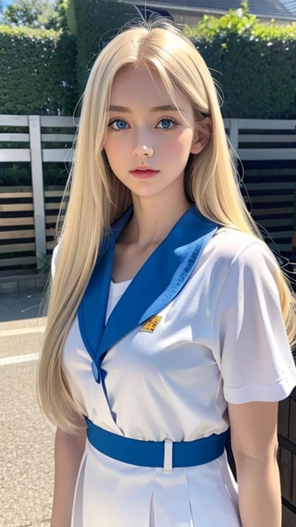 View the screen、((((Blonde、white-gold hair color、forehead、Long Hair、腰までのLong Hair、Glowing Skin、Fair skin、Plump Lips、Straight Hair、blue eyes、白Gal、Gal、Camisole dress、Short sleeve、With collar、race、Northern Europe、White background、シンプルなWhite background、Peek into、Bend)))))))、、masutepiece, Best Quality, Photorealsitic, finely detail, hight resolution, 8K Wallpapers, Perfect dynamic composition, Beautiful detailed eyes, 18 year old、(Drooping eyes 1.4)、Adult beauty、japanes
