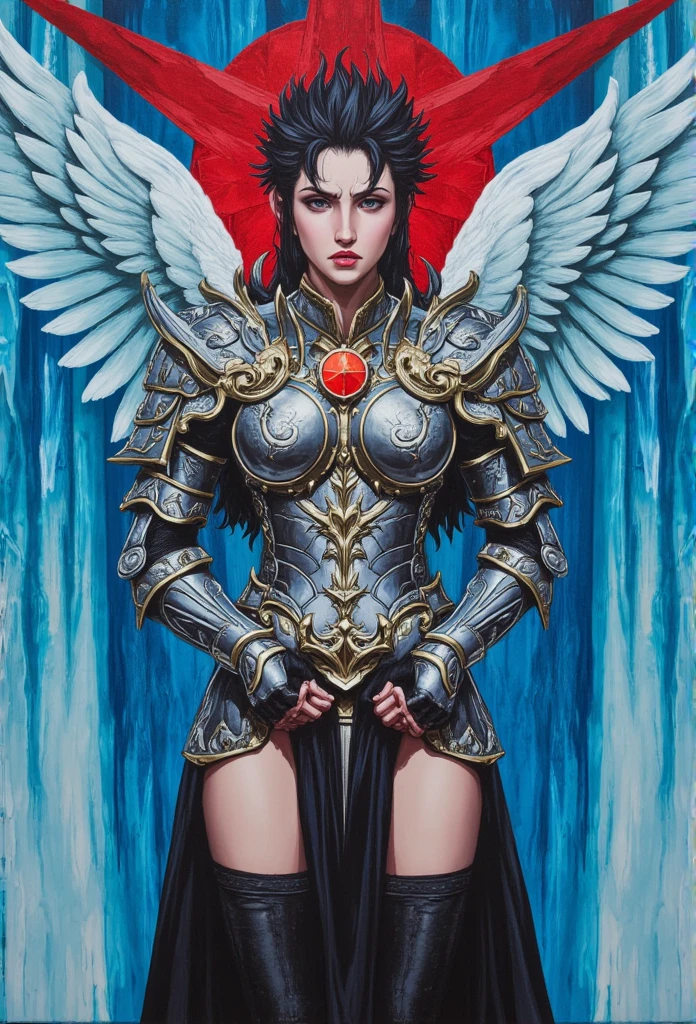 em tinta óleo mil traços perfeito foto realidade super real beautiful detailed skin, intricate details, ultra detailed, (woman ANGEL : armor), SHARINGAN eyes, BLACK AND FIRE hair ESPETADO COM GEL, (worried face:1.2), eye contact, standing in front of blue ice star red wall, ambros com serpente, detailed eyes, detailed hands, hands on own body, black stockings, touched face, sacred face, benevolent face, idea face, pouty lips, beautiful detailed eyes, tall, full shot,