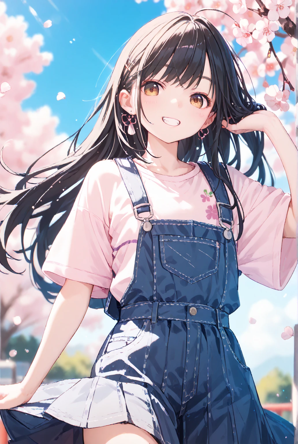  1 girl,  flat chested　Petite　 girl　 overalls skirt　 pink t-shirt 　 long hair　 black hair　School route　spring　cherry blossoms　Grin