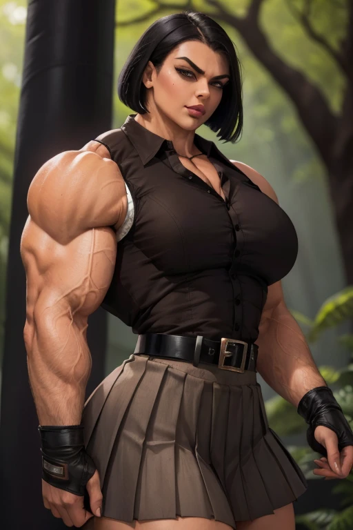(((Close-up))), tall, (black hair) beautiful muscular female golfer, long flowing hair, brown skinned, large breast, closed smile, (black lipstick), (massive muscles), (hyper muscle), ((ginormous bulky muscles)), orange eyes, (((black golf top))), (((black long pleated skirt))), (thigh high socks), choker, sneakers, in a golf course, 