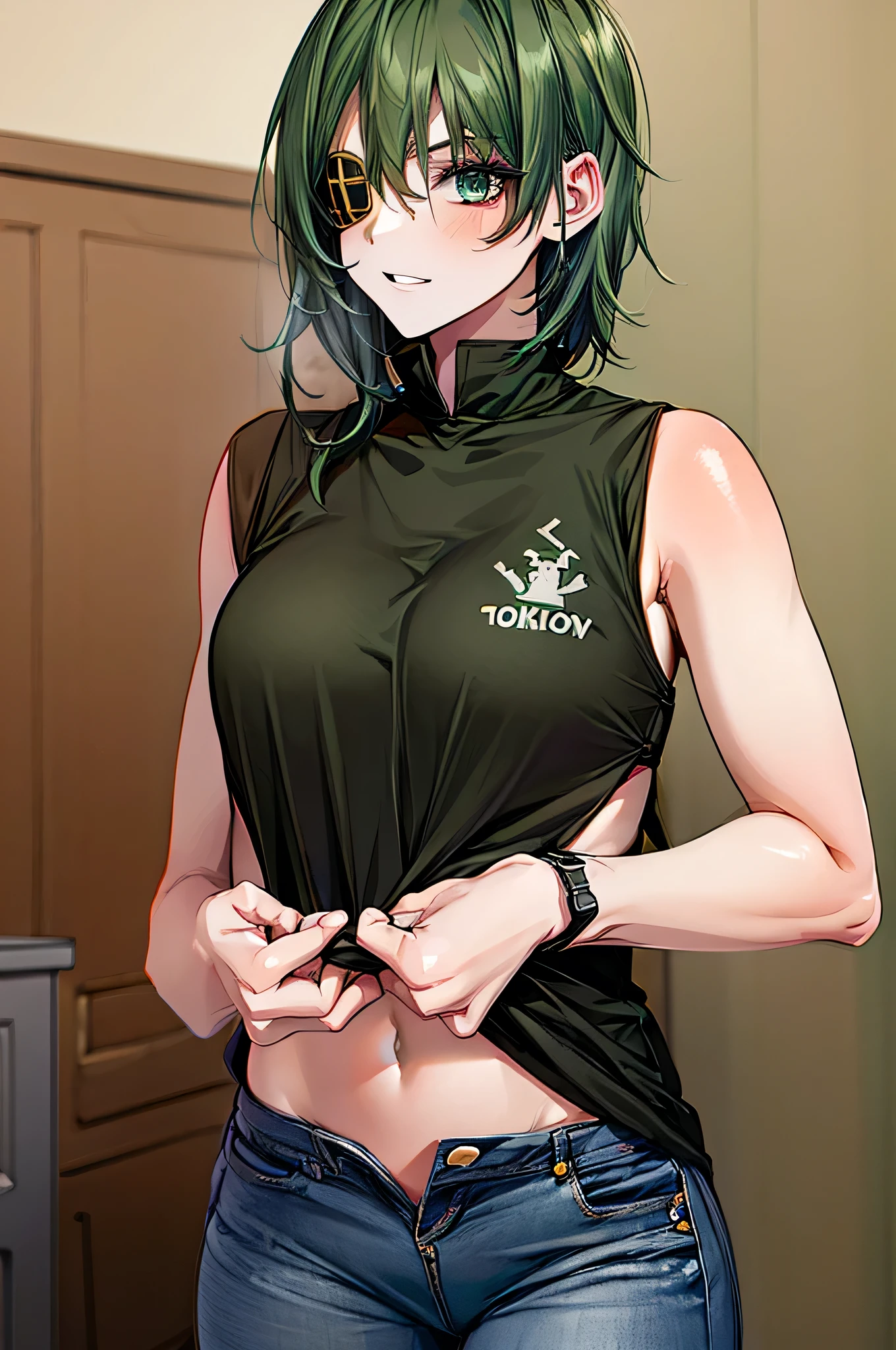   One Girl  ，Dark green hair，  short hair， eye patch(right eye)，  green eyes(left eye)，  black tank top，jeans ，  is amazing，  handsome， in the room