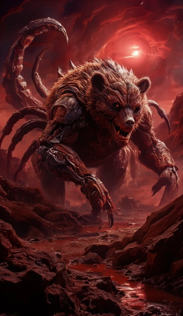 Horror scene, outlast, silent hill atmosphere. A monstrous bear-scorpion hybrid stands amid the rocky desert under the same blood-red sunset. Its massive body is covered in thick fur with patches of armored scorpion exoskeleton. It has scorpion-like legs with sharp claws jutting out from its sides, and a segmented tail ending in a venomous stinger arches over its back. Dust swirls around it as it looms over the rocky terrain, blending both creatures' fearsome presence, (Ultra-realistic, 32k, Masterpiece, High Quality, Detailed Realistic Background, Official Art, Realistic Lighting, filmfotos, film grain, reversal film photography), Mysterious