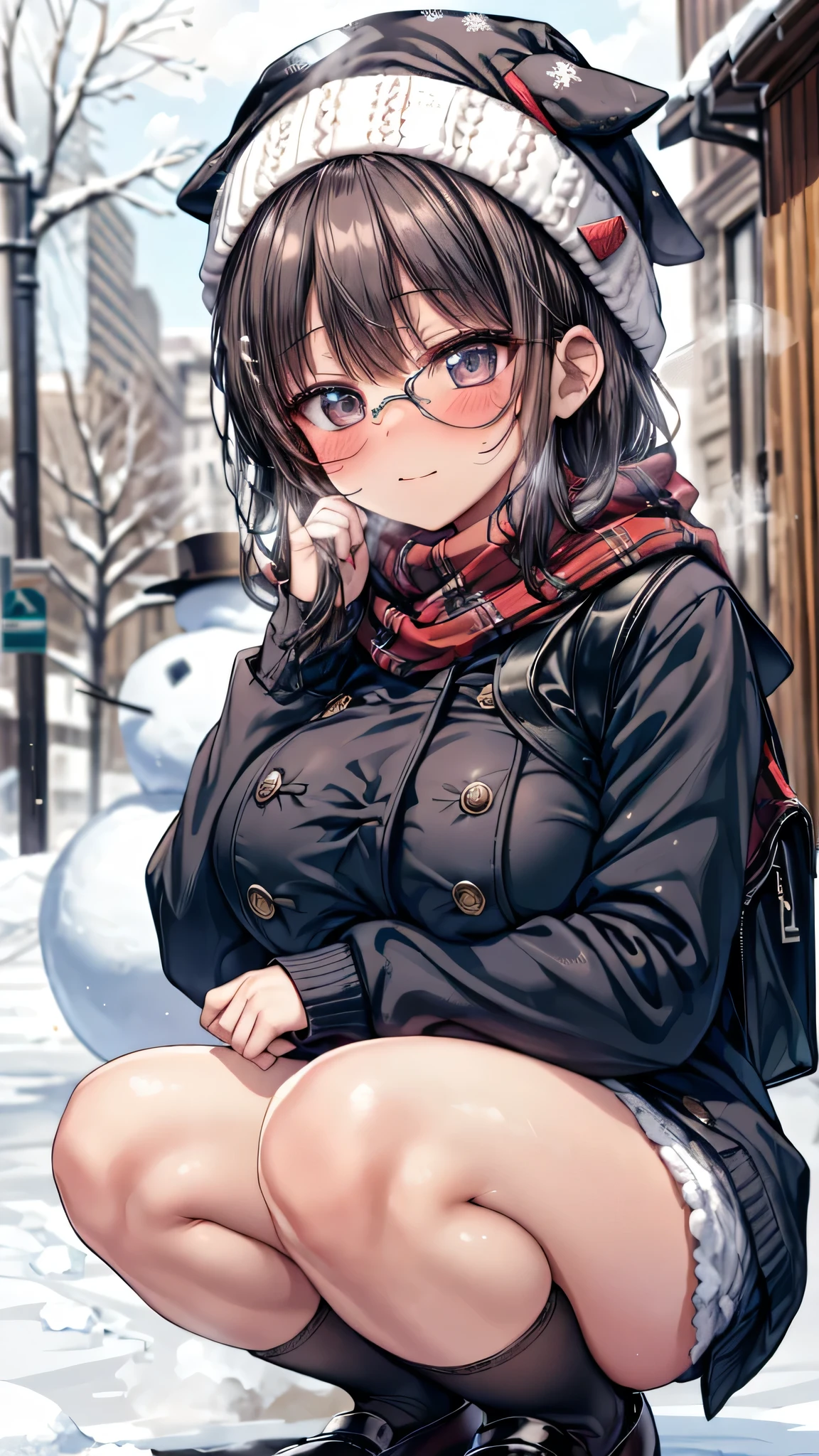 ((masterpiece, sidelighting, finely detailed beautiful eyes: 1.2)), (anatomically collect:1.3), Extremely cute, (extremely detailed beautiful face), (Authentic skin texture:1.4), (outdoor, winter, snowy landscape, park:1.2), (1 hit school student girl:1.2), (huge breasts:1.4), (slender body:1.2), (short black hair), (duffel coat, woolen scarf, Woolly hat:1.2), (stockings, loafer:1.2), (glasses), (blush cheek:1.4), (shy, happy), (face focus:1.2), school bag, (steam), (squatting by snowman:1.2)