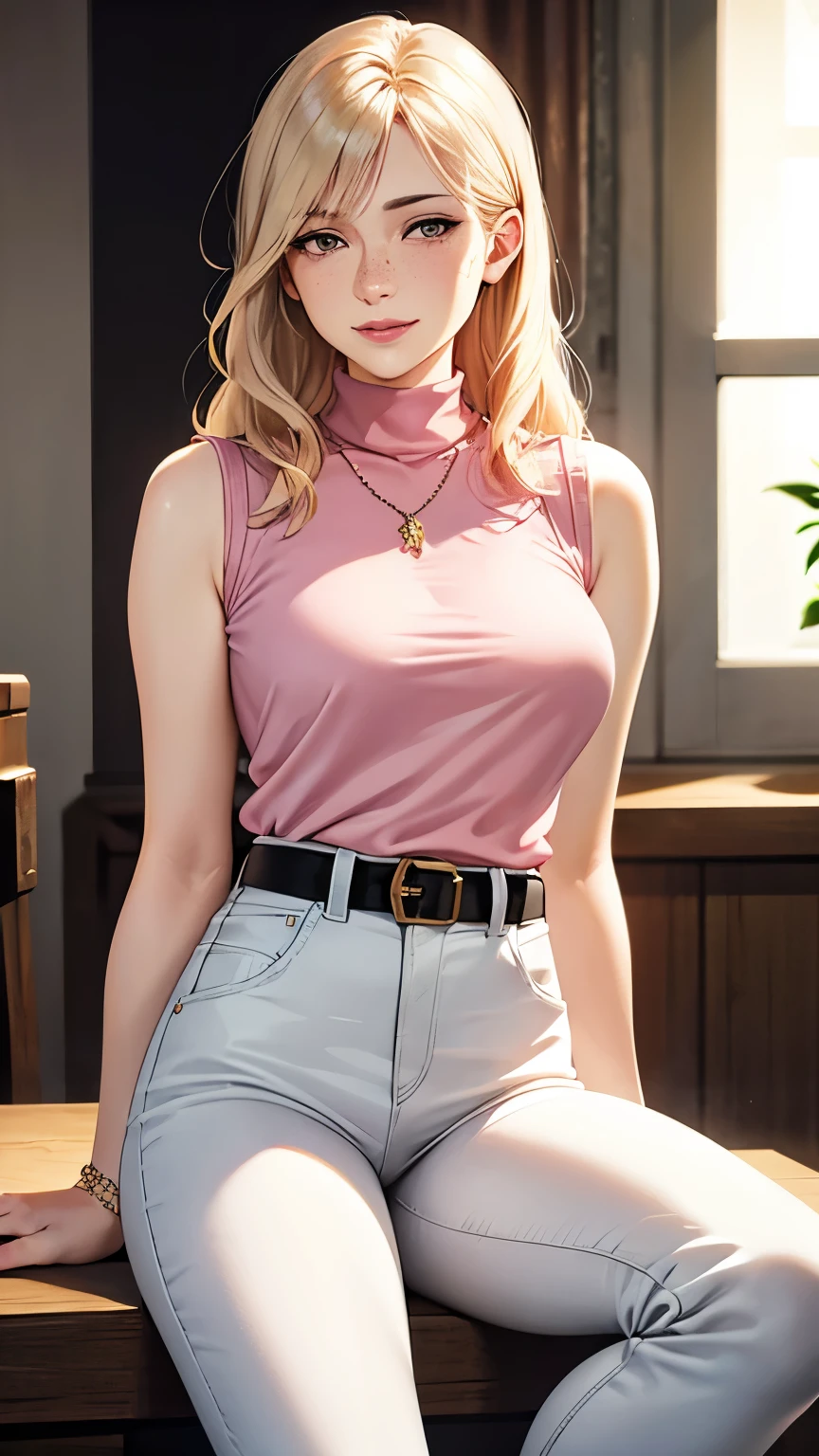 woman, Americana, Age 30, pale skin and freckles , gray eyes, delicate nose, soft and delicate lips, , blondie and wavy waist length hair, sweet smile, Face with delicate feminine facial features, highly rendered, pink shirt, sleeveless pink shirt, turtleneck pinkk shirt, white jeans Destroyed, white heels, Golden necklace, relógio de pulso, anel, Brown belt, in the room, posição dinâmica