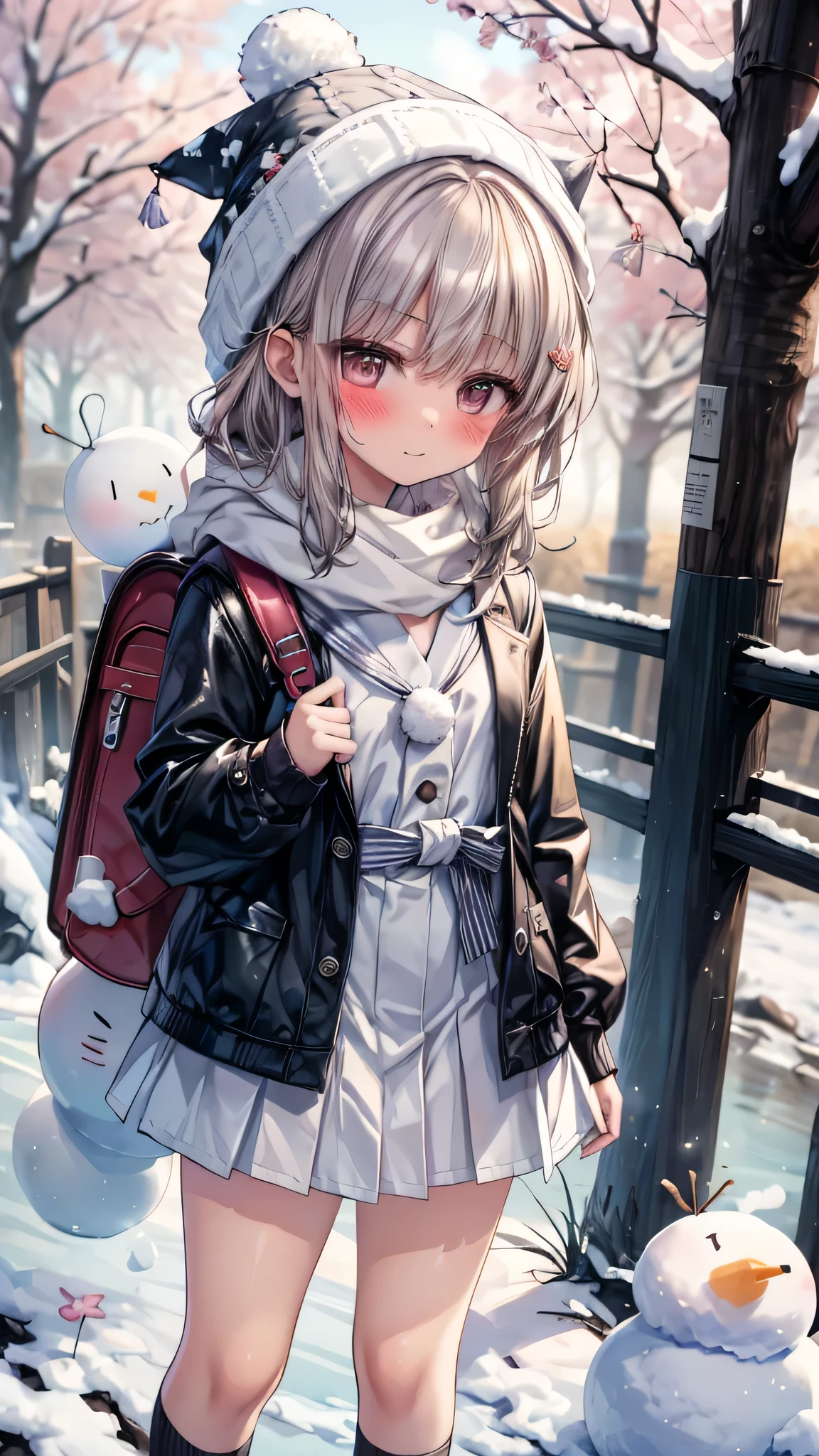 ((masterpiece, sidelighting, finely detailed beautiful eyes: 1.2)), (anatomically collect:1.3), Extremely cute, (extremely detailed beautiful face), (Authentic skin texture:1.4), (outdoor, winter, snowy landscape, park:1.2), (1 lower elementary school student toddler girl:1.8), (Loli:1.8), (small stature, petite body:1.8), (flat chest), (short black hair), (glasses:1.3), (duffel coat, woolen scarf, Woolly hat:1.2), (socks, loafer:1.2), (blush cheek:1.4), (shy, happy), (face focus:1.2), (standing by snowman:1.3), carrying randoseru backpack, (steam)