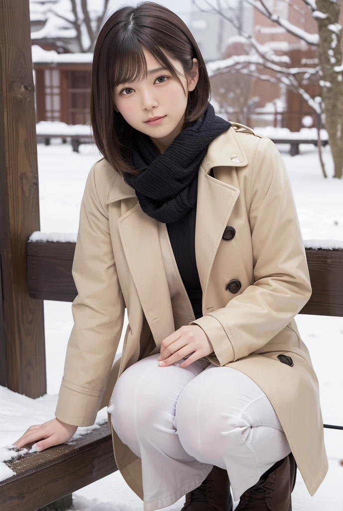 high quality, masterpiece, Ultra-high resolution, (Realistic:1.4), Raw photo, 1, Japanese，Black Hair、Moody tones, Hair swaying in the wind、Beautiful woman，２0-year-old、whole bodyショット、Sitting pose、flare skirt、cold、winter，Snow Scene，Snowfall，a whitish fluffy coat，a red checked wool scarf，Detailed depiction of the hand、short hair、Short Hair、whole body、Red check muffler、Strong sunlight、Shadow representation、Don't look over here、Looking into the distance
