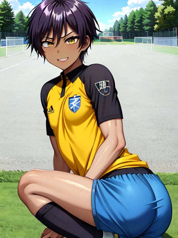 (((official art,Ultra-fine illustration,High resolution, 最high quality,最high quality:1.4)))high quality, become familiar with, (),12 years oace striker male idol with a super cute face,A boy as beautiful as Planding, long legs, thighs, feet, (There is no swelling in the chest), (black hair、short hair)、(tight soccer uniform bodysuit), (tight and shiny spats), (soccer socks), lawn area, (厚いthighs)、(((soccer field in the park)))、((Saucy、))、grin and laugh、feetを広げて,Ultra-fine painting, ,service shot、bulge in crotch、(((Soccer ball in the crotch))),(((Vulgarity)))