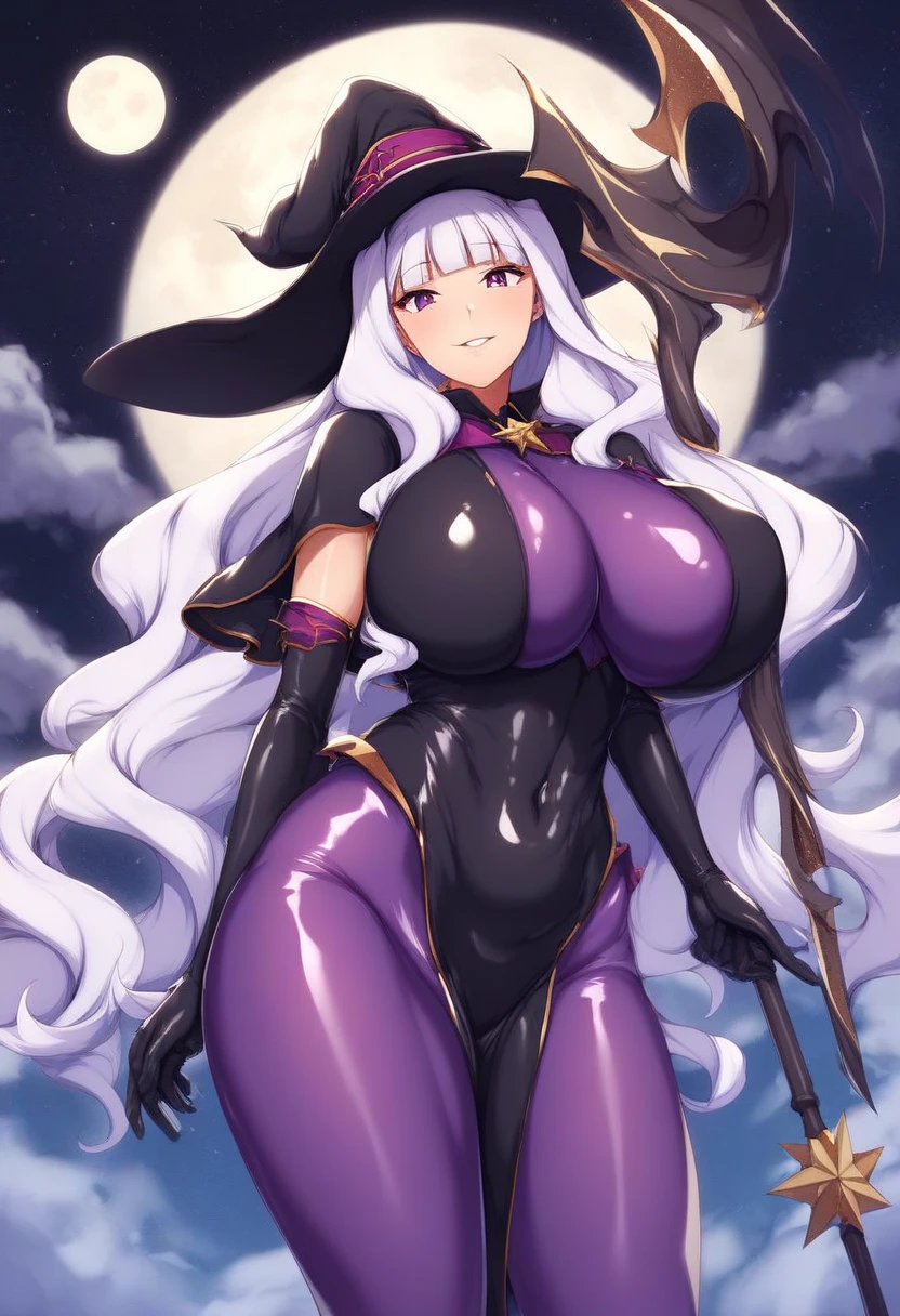 score_9, score_8_up, score_7_up, score_6_up, score_5_up, score_4_up,1girl, high_res, high_quality, masterpiece, giant breasts, thighs, Female, witch, tight clothes, tight skin, long hair, witch hat, thick thigs, hentai character, horny, visible breath, steamy breath, spoken heart, looking at the camera, crossed legs, jewelry, white hair