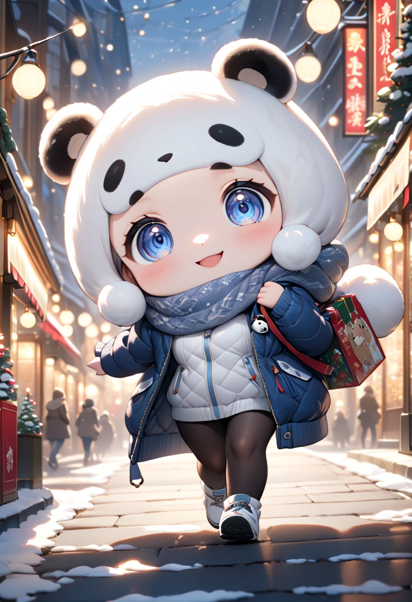 (masterpiece, ultra-detailed, best quality, clear focus, dramatic scene, cinematic), shadow, (ultra-high resolution, 8k), perfect anatomy, perfect face, (detailed face, detailed eye, chibi), cute Japanese chibi girl, famous Japanese chibi idol, very beautiful and cute and cool face, (wearing a sporty winter jacket:1.2), woolen scarf, glove, dark navy tights, woolen hat, (large breasts),  (She is walking with a gentle huge giant panda:1.3), On a shopping street decorated with twinkling Christmas lights, she is holding a Christmas gift box and showing smile, professional lighting, (detailed very cute fluffy giant panda:1.3), she looks so happy, happy smile, 