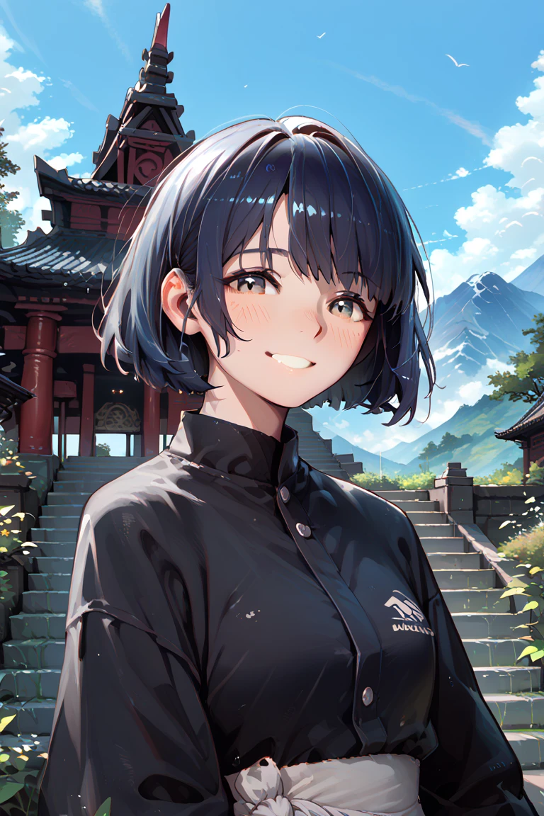 raidenshogundef, upper body, smile, blush, outdoors, day, simple background, blue sky, short hair, sky, temple, looking at viewer, stairs, mountain, moody lighting, facing viewer,