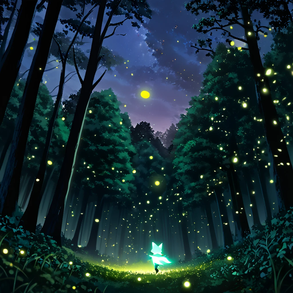 ((A kitsune is captured in a twilight scene, playfully chasing glowing fireflies in a forest clearing. Her tails swirl around her as she leaps, and the photograph highlights the magical glow of the fireflies against the backdrop of the darkening sky)),Value, 2D CGI, dynamic angles, body language, gestures, color psychology, anime expressions, high-quality, perfect anatomy, 4K, SFW, overlap, shadows, dimensionality, foreshortening, scenery, modest attire, facial expression, eye reflections, varied dimensions, full color, essence, quirky traits