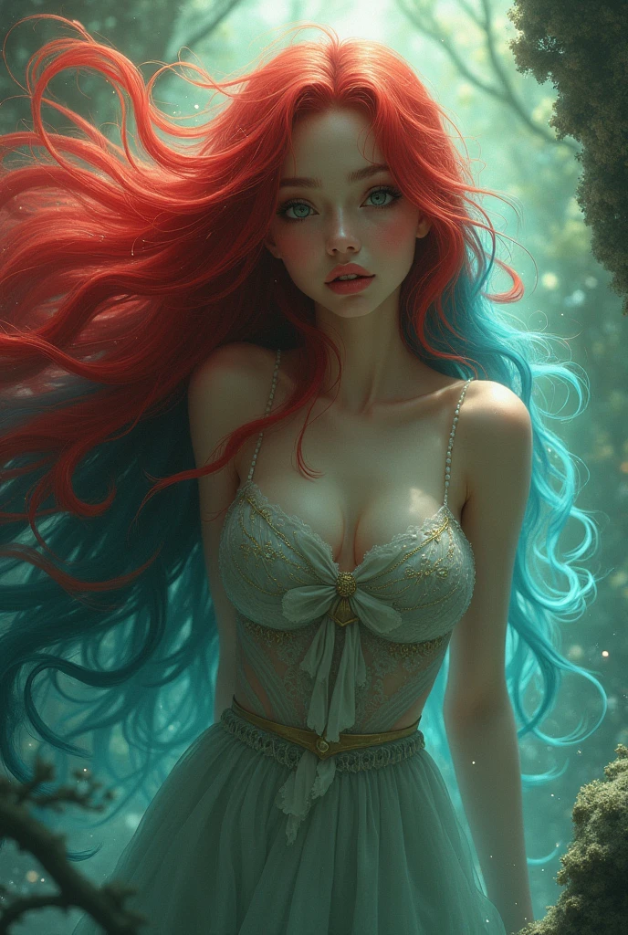 The Little Mermaid, under the sea, detailed fish tail, high-neck shirts, front view, large breasts