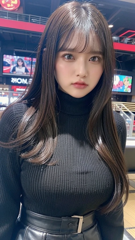 ((chubby)),(standing),(((black long sleeve knit, black leather skirt))), (look at camera), (((angry eyes:1.2)))、((((black long hair, bangs)))), Japanese、((((Round face))))、(big cheeks)、((Cute Face))、(((Japanese idol)))、(((background: dark shopping mall))),  Ultra High Definition,  high image quality model,  retina,  top quality, High resolution、high resolution、in 8K,Highly detailed eyes and face、超High resolution, High resolution、high resolution、in 8K