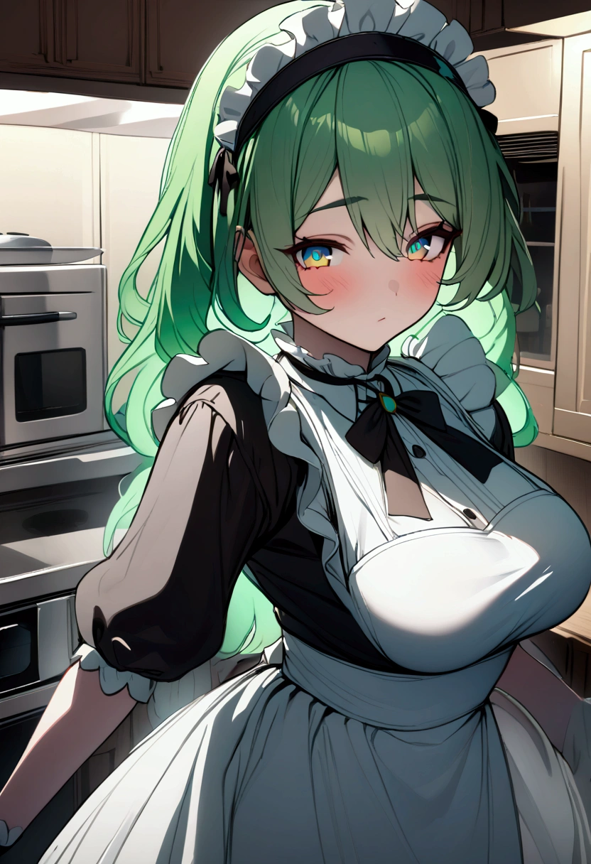 Auburn face, green hair, fair skin, green eyes, maid's outfit, big breasts, in a well-lit kitchen