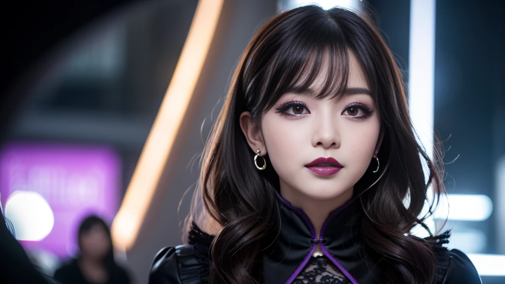 best quality、ultra-detailed、4k、Japanese、Seductive beauty、seductive adult woman、Pretty Woman、cool girl、Villainess、Brainwashed、brainwash、Fallen into evil、smirk、Evil look、Wicked Smile、evil、Brown hair、wavy hair、swept bangs、dark makeup、dark makeup、piercing eyes、hollow eyes,half-closed eyes、Hollow Eyes、purple Eyeshadow、black lipstick、black lipglos、suit、Jacket、Black Ribbon、Frilled blouse、flare skirt、night、inside darkroom、Has a switch、Emblem of Evil、Crest of Darkness、Swear allegiance、I have pledged my allegiance、Dye black、Blackening、Stained with evil、Dyed in darkness、Whisper in my ear