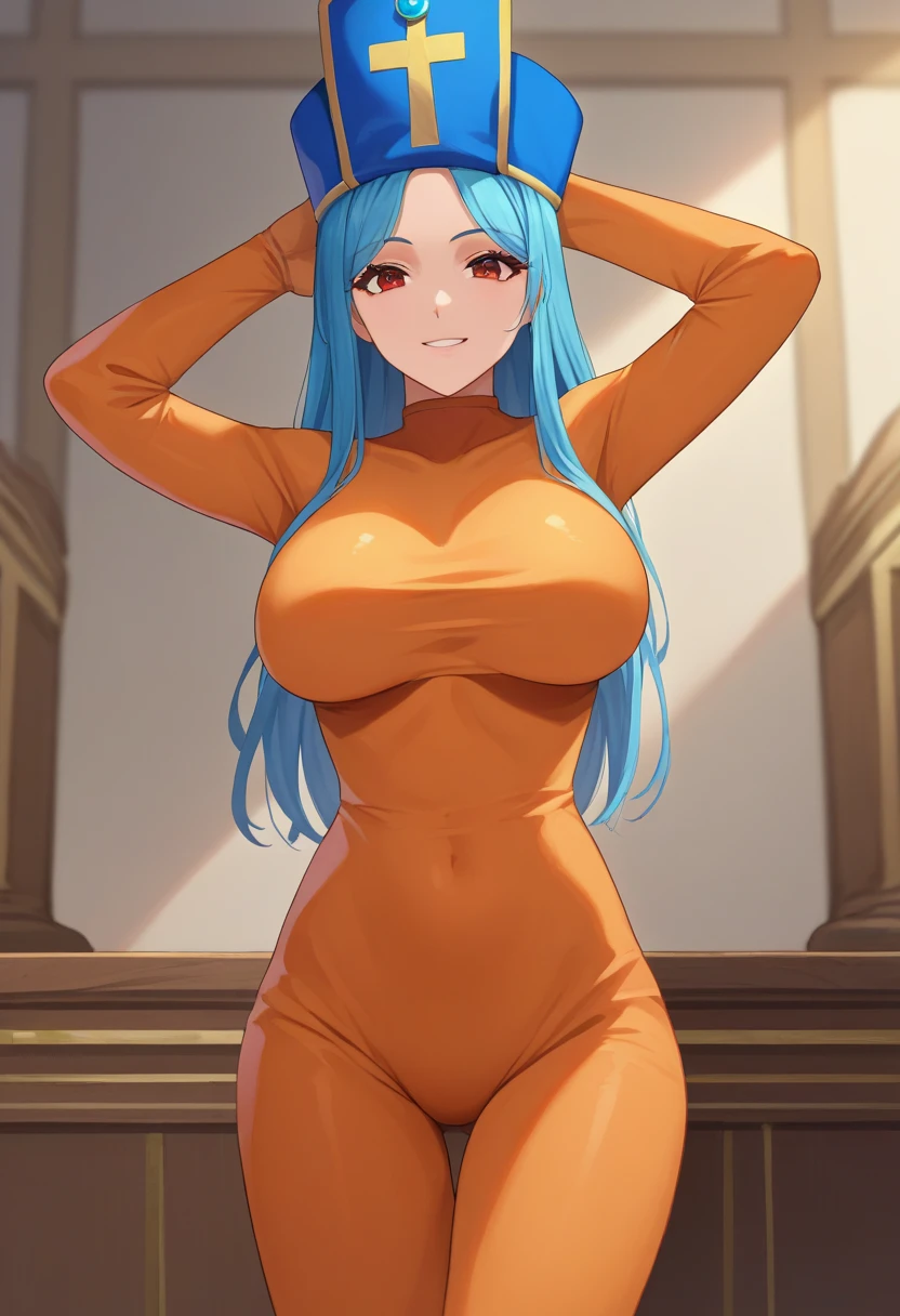 score_9, score_8_up, score_7_up, source_anime, rating_safe, solo, 1girl, dq3priest, seductive smile, looking at viewer, arms behind head, hat, orange bodysuit, large breasts, indoors 