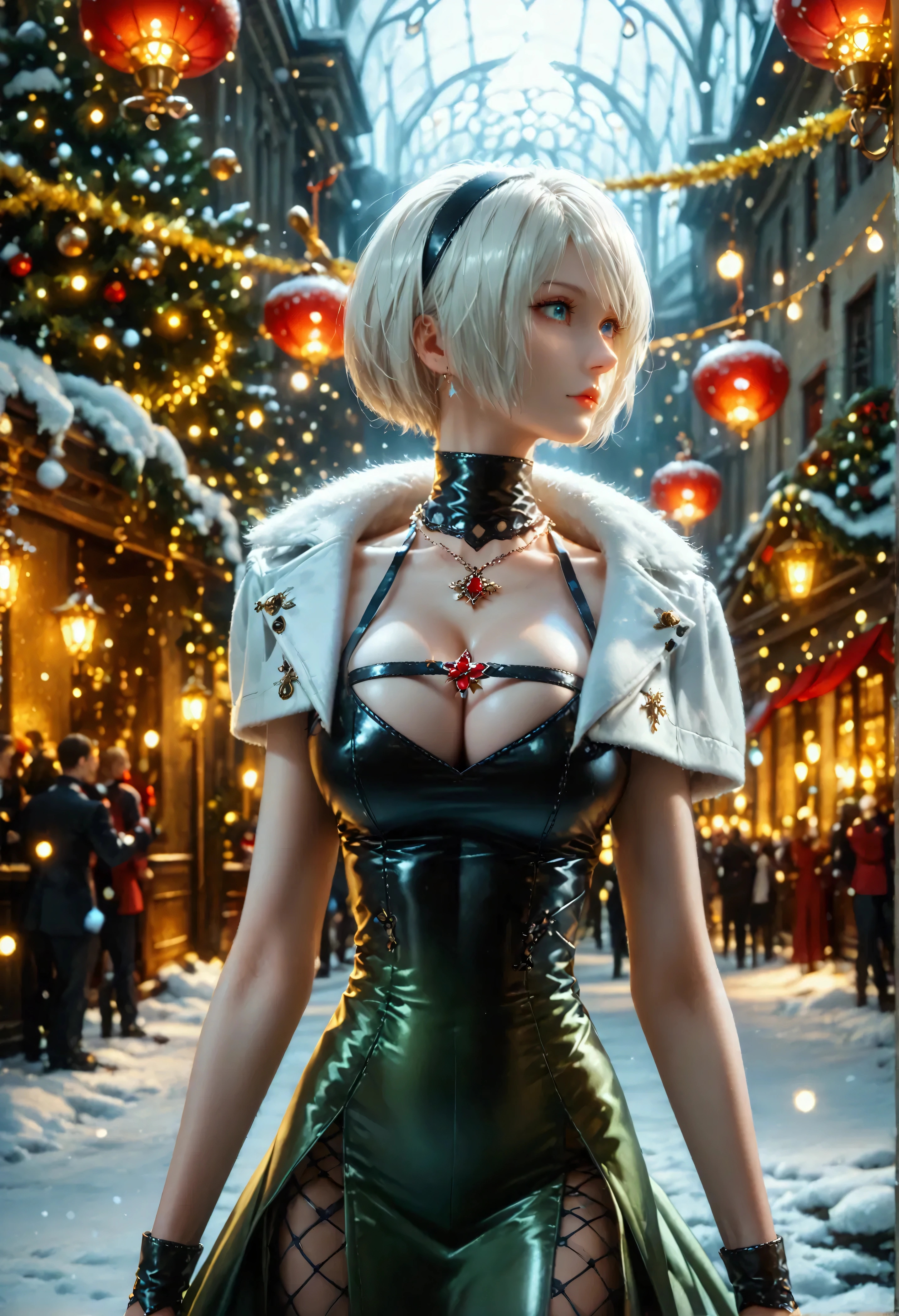 (8k, top quality, Masterpiece , Final Fantasy Style: 1.2),Atmospheric perspective, 8K, Very detailed, Accurate, Highest quality, masterpiece, Very detailed,Sharp focus, High resolution, full body shot of YoRHa No. 2 Type B, Complex, Narrow Face, elegant, Wearing a sapphire necklace, A Christmas street corner with powder snow dancing, diamond dust, (wearing a long white coat, Crimson long dress made of velvet fabric, green long skirt made of velvet fabric, long black leather boots,white fur muffler on neck:1.5), ((large breasts:1.2), , (Uplifted and well-defined bust:1.2), (lifted chest:1.2), (perky breasts :1.2),(deep cleavage:1.4)) and a huge waist, (sexy long legs, whole body picture:1.5), (back view:1.4), Very detailed, Digital Painting, Art Station, Concept Art, Smooth, Sharp focus, figure, ArtJam, Greg Rutkowski, Art by Alphonse Mucha, 8K, Volumetric Fog, bloom, light, lumen, Crank blur