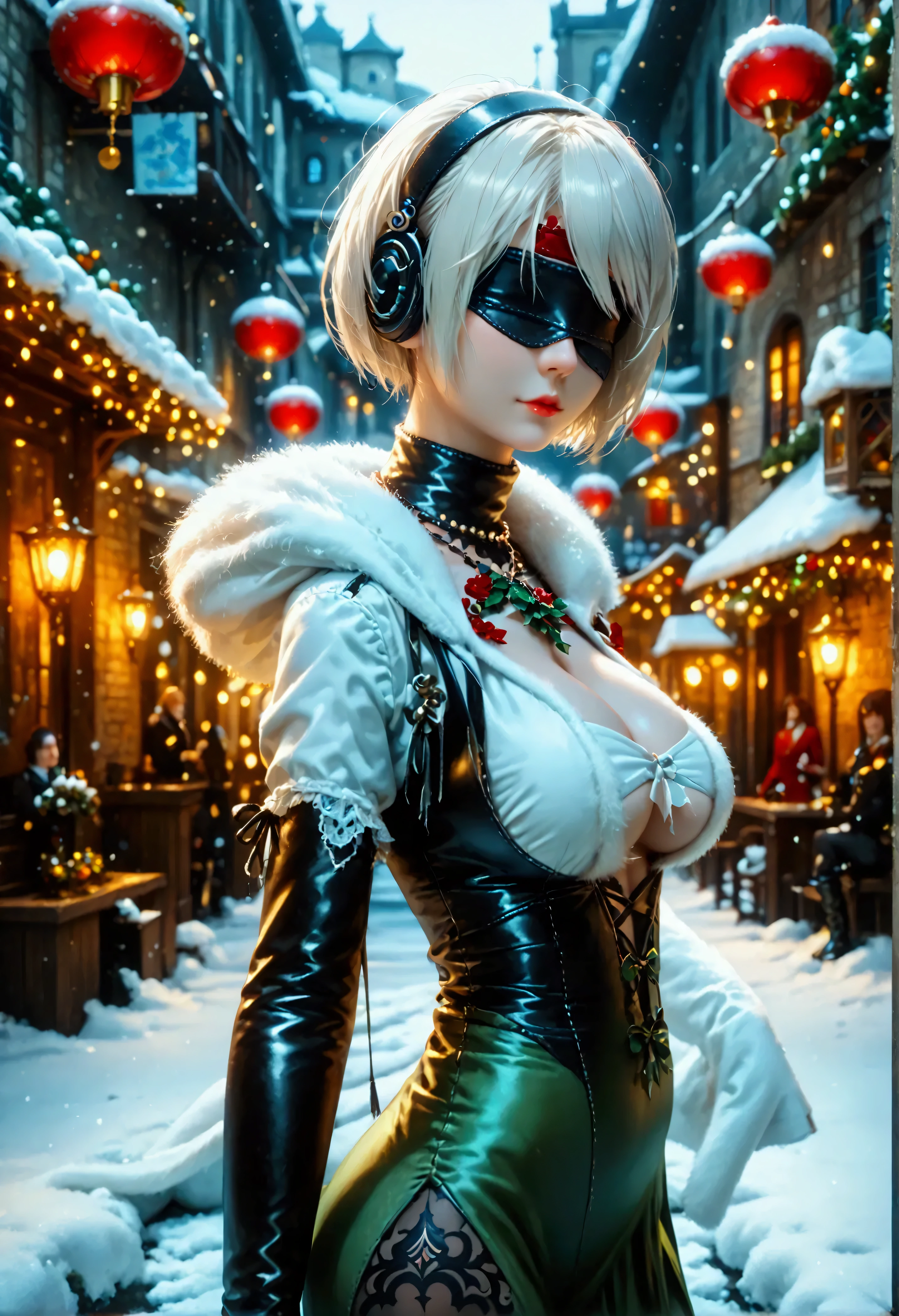 (8k, top quality, Masterpiece , Final Fantasy Style: 1.2),Atmospheric perspective, 8K, Very detailed, Accurate, Highest quality, masterpiece, Very detailed,Sharp focus, High resolution, full body shot of YoRHa No. 2 Type B, Complex, Narrow Face, elegant, Wearing a sapphire necklace, A Christmas street corner with powder snow dancing, diamond dust, (wearing a long white coat, Crimson long dress made of velvet fabric, green long skirt made of velvet fabric, long black leather boots,white fur muffler on neck:1.5), ((large breasts:1.2), , (Uplifted and well-defined bust:1.2), (lifted chest:1.2), (perky breasts :1.2),(deep cleavage:1.4)) and a huge waist, (sexy long legs, whole body picture:1.5), (back view:1.4), Very detailed, Digital Painting, Art Station, Concept Art, Smooth, Sharp focus, figure, ArtJam, Greg Rutkowski, Art by Alphonse Mucha, 8K, Volumetric Fog, bloom, light, lumen, Crank blur