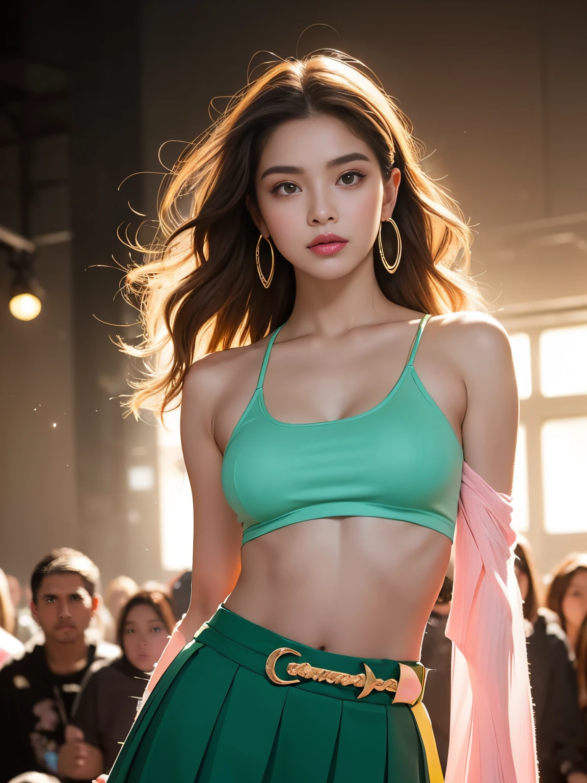(Masterpiece:1.3), (8k, Photorealistic, RAW Photography, Best Quality: 1.4), (1girl), A pretty woman with perfect figure :1.4, Cute face, Beautiful Face, (Realistic Face), Beautiful Hairstyle, Realistic Eyes, Beautiful Details, (Realistic Skin), Beautiful Skin, Attractive, Ultra High Definition, Ultra Realistic, Very Detailed, (small breasts:1.3), (cleavage:0.8), Japanese who looks like Emily O'Hara Ratajkowski walking the runway at a fashion show, semi-long curly hair, bangs, (Brown hair, small breasts:1.3), ((slim figure)), Small buttocks, ((see-through tennis uniform)), (narrow areola, small areola), (perfectly shaped Nipples), (Small and beautiful Nipples), poses of fashion models, on standing stand
