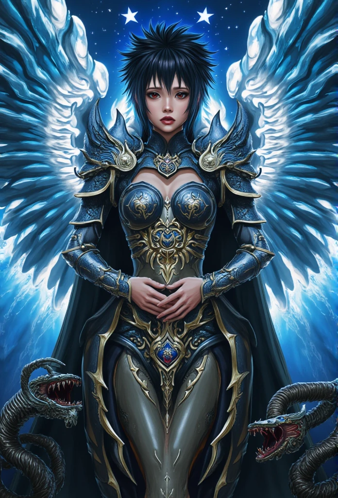 em 8K obra de arte Leonardo da Vinci foto realidade super real beautiful detailed skin, intricate details, ultra detailed, (woman ANGEL : armor), SHARINGAN eyes, BLACK AND FIRE hair ESPETADO COM GEL, (worried face:1.2), eye contact, standing in front of blue ice star red wall, ambros com serpente, detailed eyes, detailed hands, hands on own body, black stockings, touched face, sacred face, benevolent face, idea face, pouty lips, beautiful detailed eyes, tall, full shot,